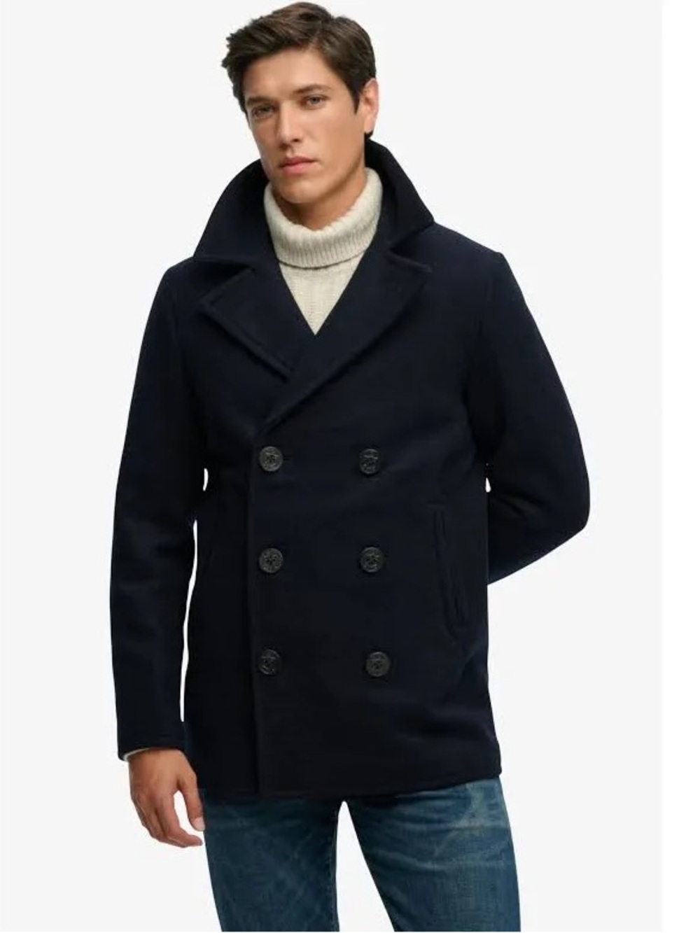 Superdry Navy Double-Breasted Wool Peacoat — Like New!